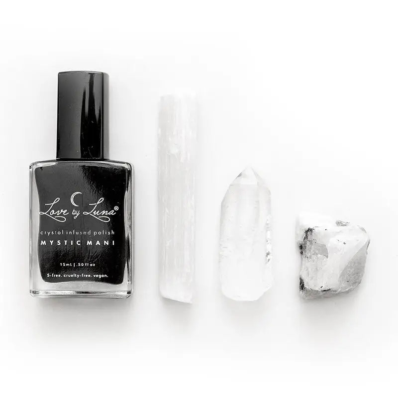 Love By Luna – New Moon | Black Nail Polish with Selenite + Clear Quartz + Moonstone
