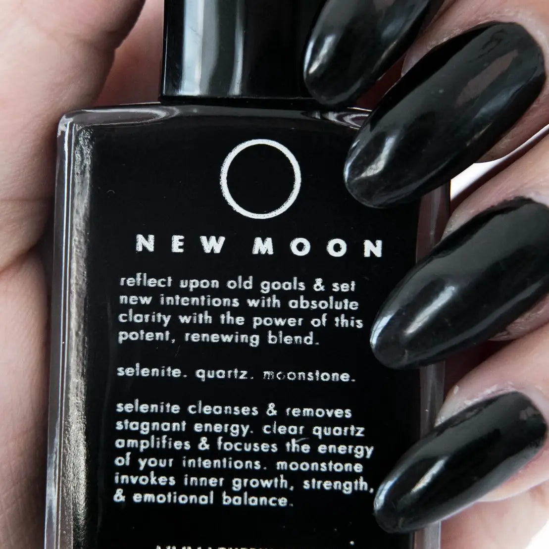 Love By Luna – New Moon | Black Nail Polish with Selenite + Clear Quartz + Moonstone