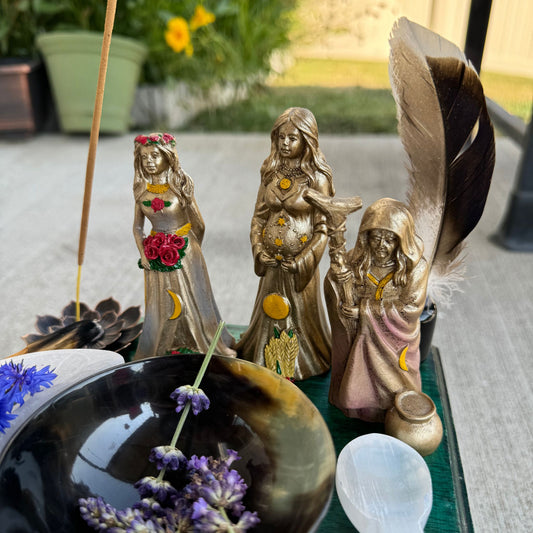 Maiden, Mother, Crone Statues - Handcrafted Gold Figurines (Set of 3)