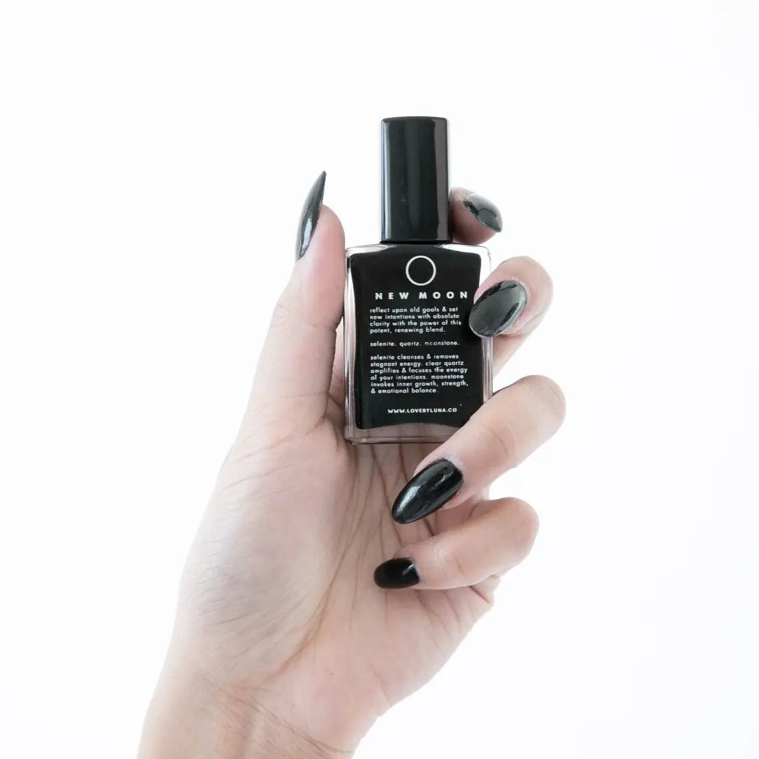 Love By Luna – New Moon | Black Nail Polish with Selenite + Clear Quartz + Moonstone